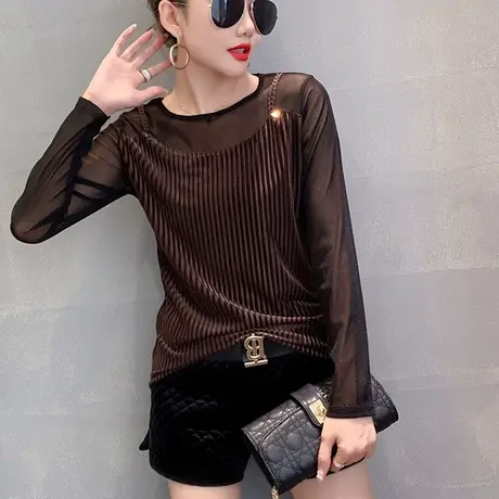 2023春装新款网纱拼接丝绒T恤女长袖时尚假两件上衣百搭打底衫潮商品大图