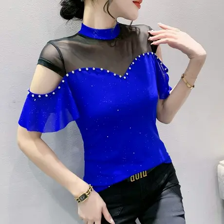 性感网纱拼接T恤女短袖夏心机镂空露肩上衣气质立领小衫修身半袖商品大图
