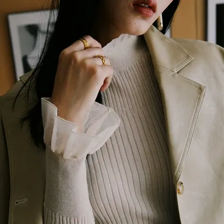 高领亮丝羊毛针织衫秋装女2023年新款喇叭袖内搭螺纹针织打底衫商品大图
