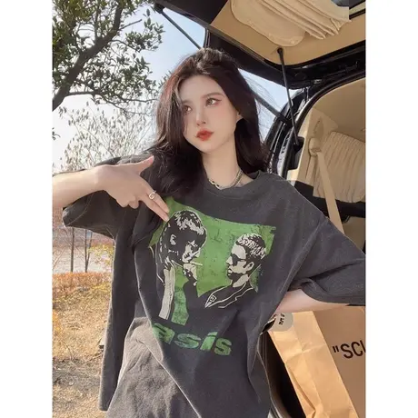 复古美式纯棉短袖t恤女港味chic小众设计感宽松圆领潮牌ins上衣服商品大图