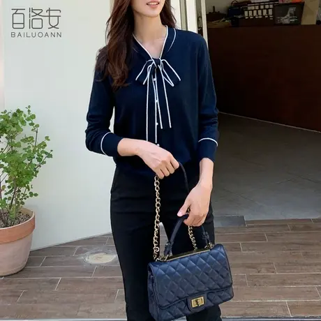 百洛安奢华亮丝长袖针织开衫女2023秋新款气质百搭撞色蝴蝶结上衣图片