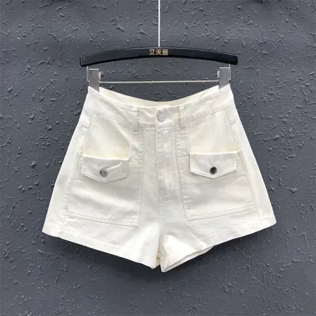 休闲辣妹工装牛仔短裤女2023夏季新品米色时尚高腰a字阔腿裤热裤商品大图