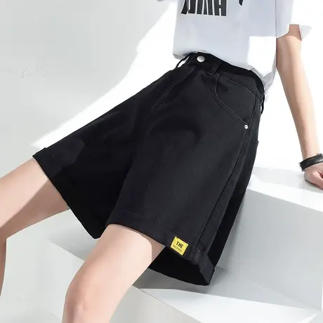 牛仔短裤女宽松夏季薄2023新款高腰显瘦阔腿a字大码百搭黑色热裤图片