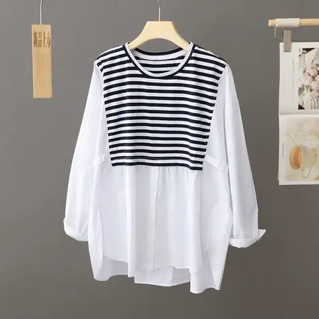 圆领拼接白色衬衫女宽松大码休闲外穿上衣套头春秋季2023新款衬衣图片