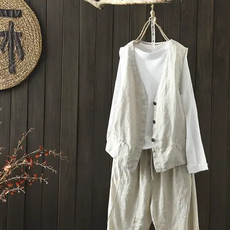 枫谜2020年秋装新款文艺简约纯色棉麻马夹女宽松休闲背心上衣外套图片