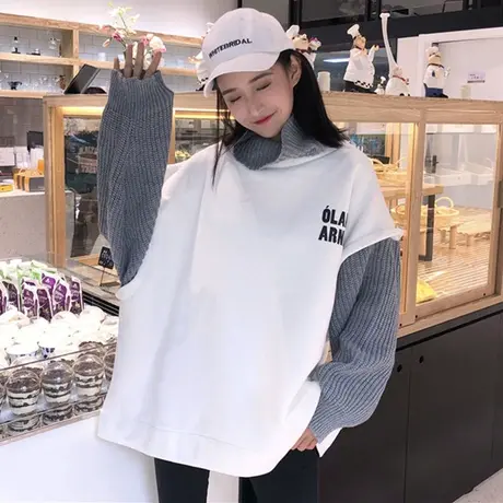 假两件高领毛衣卫衣女潮ins秋冬季韩版宽松bf慵懒风加绒加厚外套图片