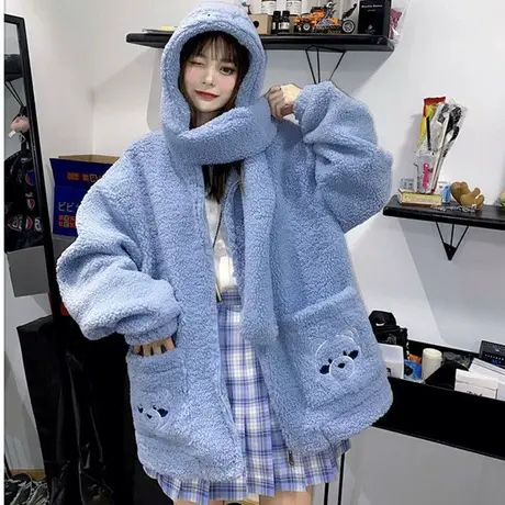 羊羔毛卫衣女2022新款秋冬小个子宽松韩版上衣慵懒风加绒加厚外套商品大图