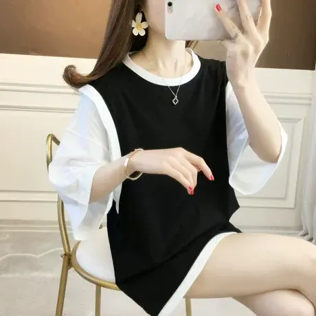 网红ins超火短袖t恤女夏韩版宽松半袖百搭中袖假两件上衣服体桖潮图片