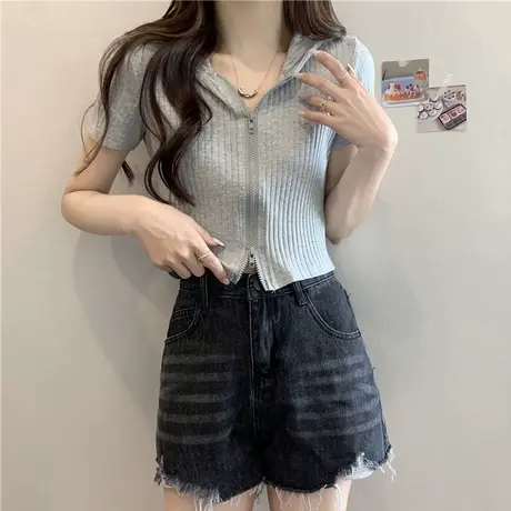 ins超火连帽开衫短袖t恤女夏季高腰露脐短款修身百搭chic港味上衣商品大图