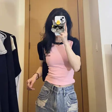 撞色设计感小众正肩短袖t恤女夏季新款修身显瘦甜辣妹纯欲风上衣商品大图