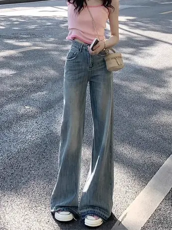 蓝色直筒牛仔裤女秋季薄款宽松美式复古高腰显瘦小个子拖地阔腿裤图片