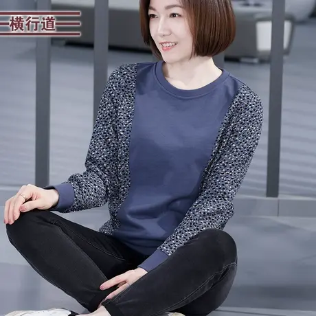 2023新款冬季韩版宽松胖MM中年妈妈长袖t恤女拼接上衣圆领打底衫商品大图