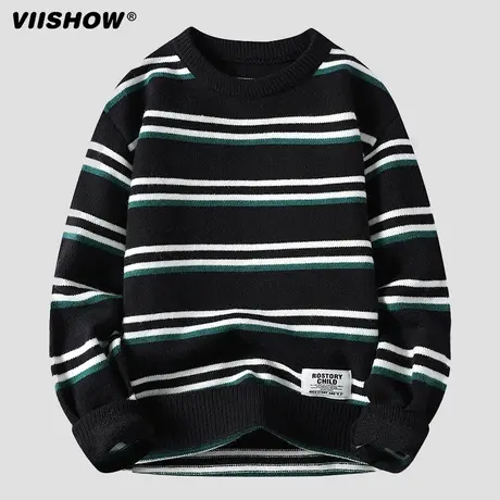 VIISHOW条纹毛衣男秋冬季复古潮牌拼接上衣休闲百搭针织衫线衣商品大图