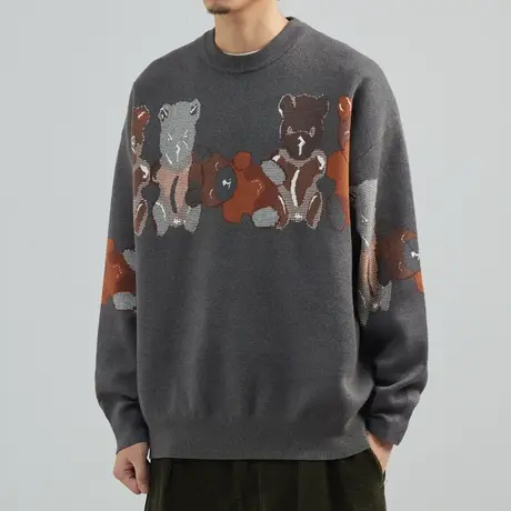 秋冬复古毛衣男宽松潮牌圆领韩版线衣冬季加厚针织衫上衣外套春秋图片