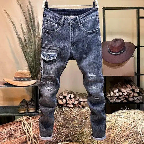 春秋款个性撞色牛仔裤男士潮流修身小脚裤潮牌破洞贴补工装裤子男商品大图