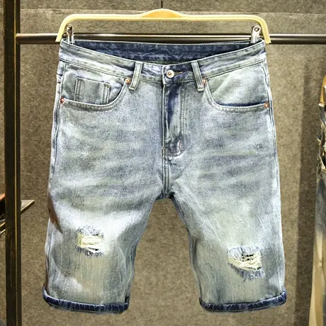 潮牌破洞宽松直筒牛仔短裤男款夏季薄款五分裤个性潮流帅气短裤子商品大图