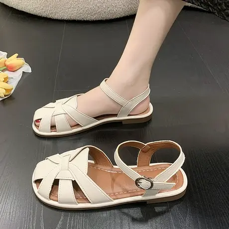 包头凉鞋女2023夏季镂空平底单鞋配裙子法式洞洞鞋外穿罗马凉拖鞋商品大图