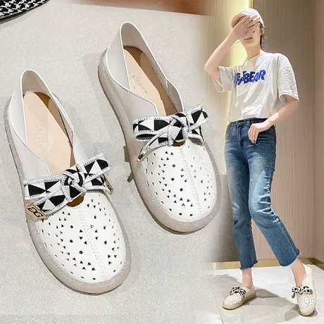 蝴蝶结单鞋女平底真皮镂空小皮鞋夏季透气豆豆鞋可踩脚懒人鞋孕妇商品大图