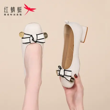 红蜻蜓女鞋2024新款春秋低跟软底一脚蹬懒人小皮鞋白色单鞋女真皮图片