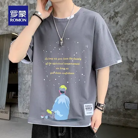 罗蒙男士纯棉短袖T恤夏季薄款假两件休闲印花圆领男装衣服冰丝体t图片