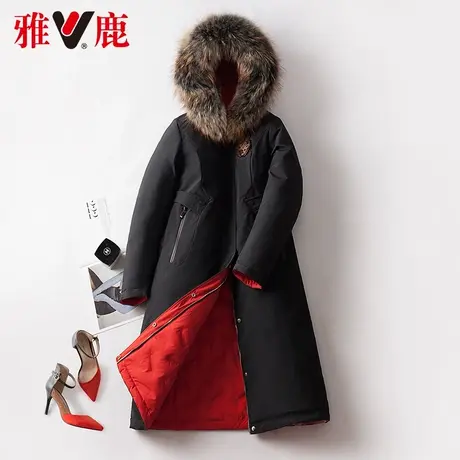 雅鹿大毛领品牌羽绒服女中长款2022冬季新款保暖双面穿连帽外套潮商品大图
