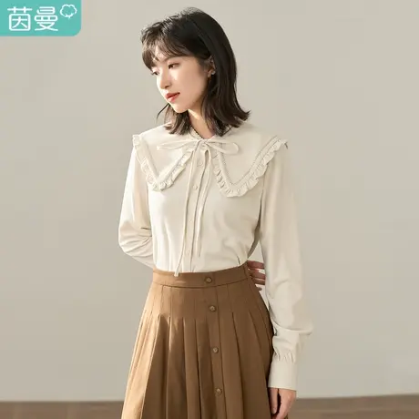 茵曼2023冬装新款复古纯色可拆卸花边娃娃领长袖衬衫直筒衬衣女图片