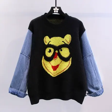 牛仔拼接卡通小熊毛衣女秋冬2023新款日系慵懒风宽松外穿针织上衣图片