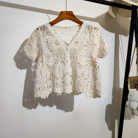 短袖镂空针织开衫女夏季新款吊带裙子外搭设计感小众短款上衣罩衫图片
