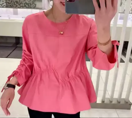 娃娃衫显瘦七分袖衬衫女新款宽松圆领抽绳不规则收腰遮肚子上衣商品大图