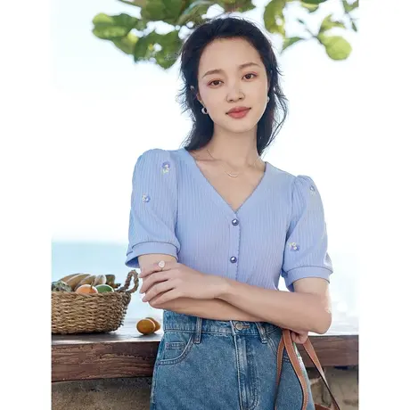 茵曼法式小众绣花V领短袖针织衫2023夏女装新款薄款显瘦气质上衣商品大图