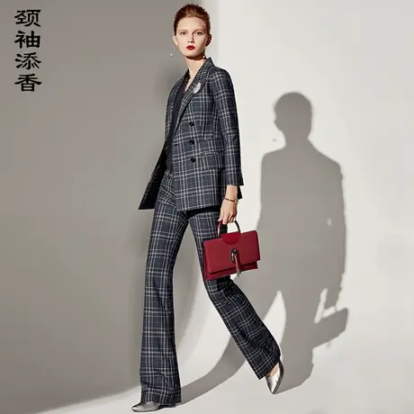 颈袖添香2023春秋新款时尚气质OL职业装格纹修身小西装套装图片
