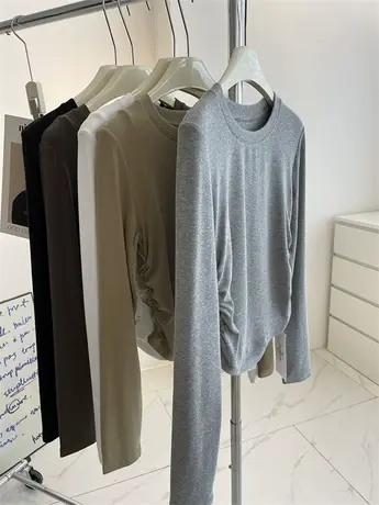 抽皱设计感长袖！显身材辣妹风短款小个子打底衫显瘦修身上衣女秋商品大图