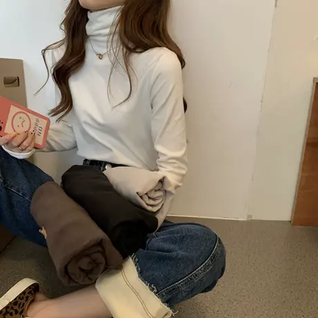 2023年新款春秋冬季高领加绒洋气打底衫内搭白色长袖t恤女上衣服商品大图