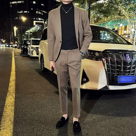 毛呢子西服男秋冬加厚外套修身痞帅英伦风西装男商务通勤两件套潮图片