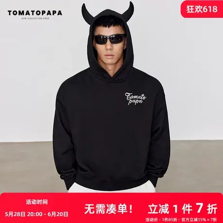 TOMATOPAPA加绒连帽卫衣宽松落肩潮牌手绘字母印花情侣学生套头衫商品大图