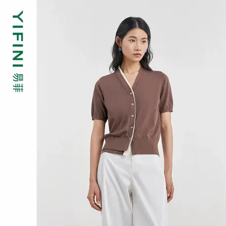 [专柜同款]Yifini/易菲高捻棉假两件撞边短袖针织毛衫女D04M1002商品大图