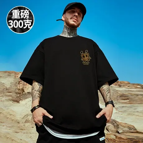 300g重磅潮牌宽松胖子半袖T恤短袖五分袖纯棉黑色加肥加大码男装商品大图