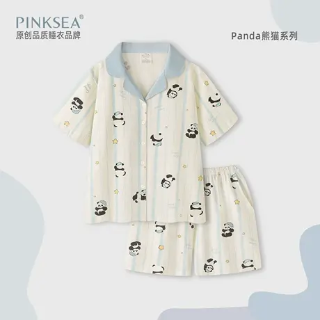 Pinksea纯棉睡衣女款夏季熊猫短袖短裤条纹家居服套装2025新款夏商品大图