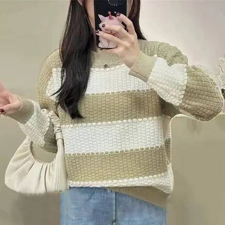 撞色条纹针织衫上衣洋气减龄长袖圆领毛衣2023秋冬新款保暖打底衫商品大图