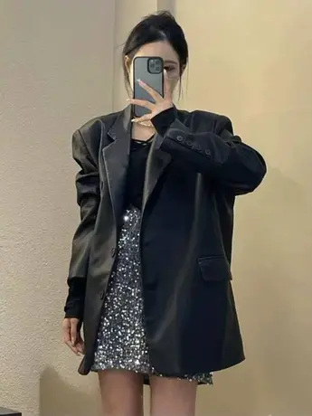 黑色西装皮衣外套女2023春秋新款高级感复古PU皮帅炸宽松休闲上衣商品大图