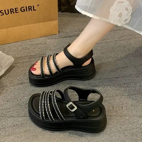 黑色厚底增高凉鞋女2025年夏季新款小个子百搭水钻配裙子罗马凉鞋商品大图