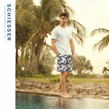 SCHIESSER舒雅25年春夏新品男士纯棉柔软亲肤V领短袖家居服套装图片