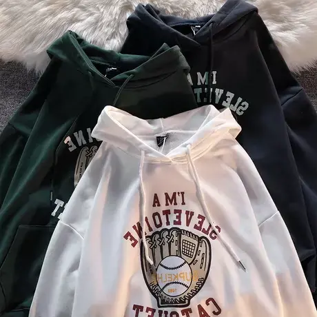 街头风大码oversize加绒连帽卫衣女潮ins港风小众秋冬闺蜜装上衣商品大图