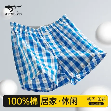 七匹狼睡裤男士纯棉短裤家居服睡觉宽松大裤衩夏季薄款格子居家裤商品大图