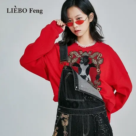裂帛LIEBOFeng原创设计oversize宽松立体钉珠刺绣红色套头卫衣女图片