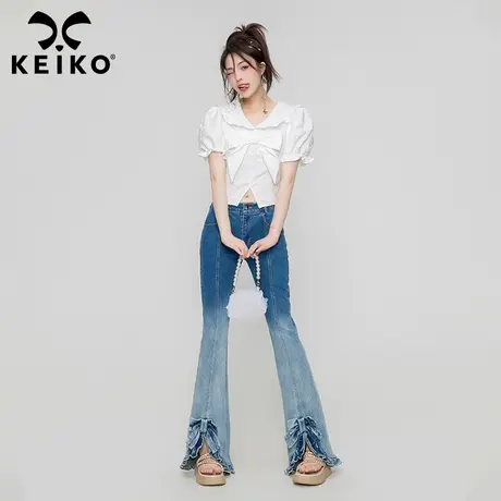 KEIKO 蝴蝶结白色上衣女2023夏季温柔小心机穿搭泡泡袖短款衬衫图片