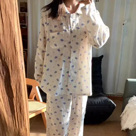 蝴蝶结小象~新款翻领纯棉双层纱家居服长袖长裤睡衣套装有口袋商品大图