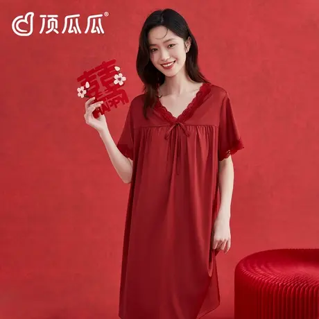 顶瓜瓜红色睡裙女夏季短袖睡衣裙2025年夏天新款薄款仿真丝中裙子商品大图