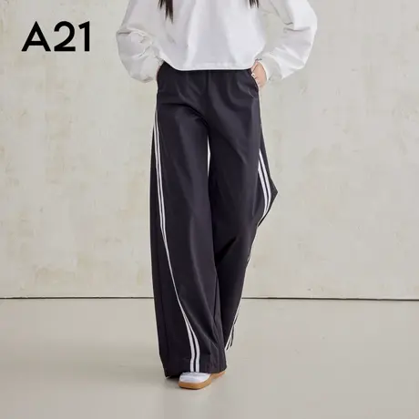 A21女装高腰阔腿长梭织裤条纹抽绳撞色休闲运动裤针织裤直筒裤商品大图