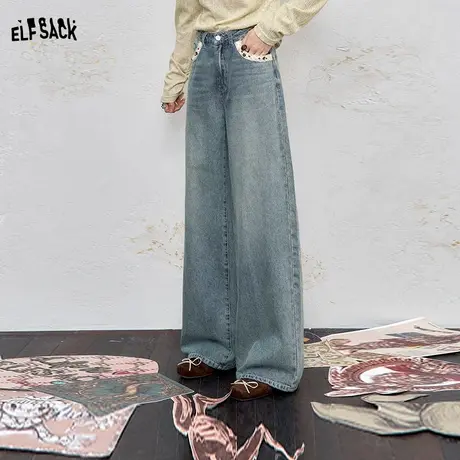 妖精的口袋复古宽松直筒牛仔裤女2025秋季新款花边口袋设计阔腿裤图片